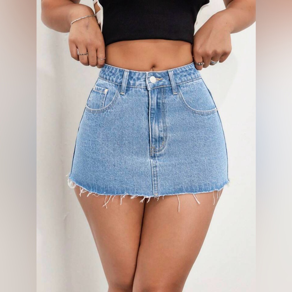 Denim Blue Patchwork Frayed Distressed Hem Mini Skirt